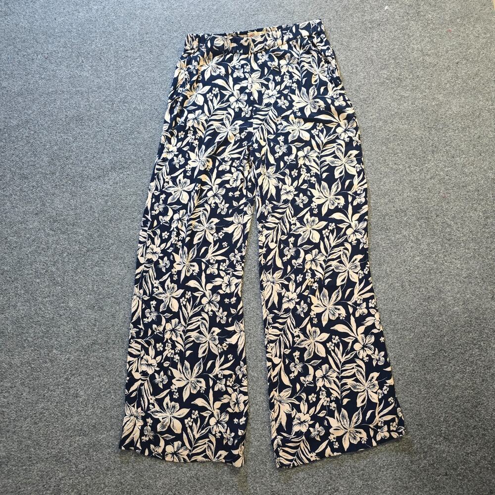 Faherty Pants Women Size Medium Blue White Floral Wide Leg Crepe Texture Pull On